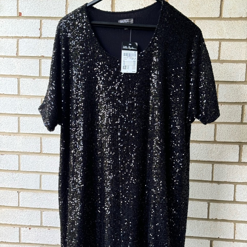 Plus 20/22 black sequence dress by Ulla Popken. NWT.